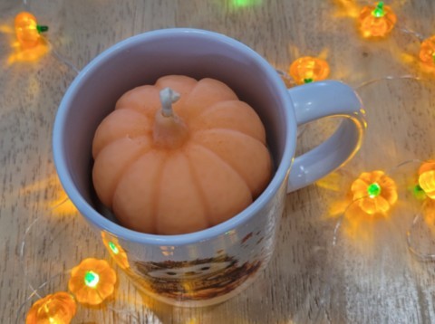 Bougie citrouille dans mug hérisson vu de haut