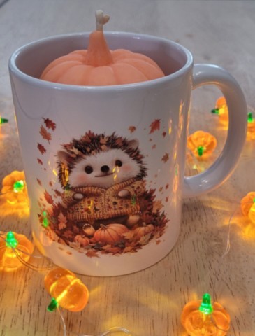 Bougie citrouille dans mug hérisson